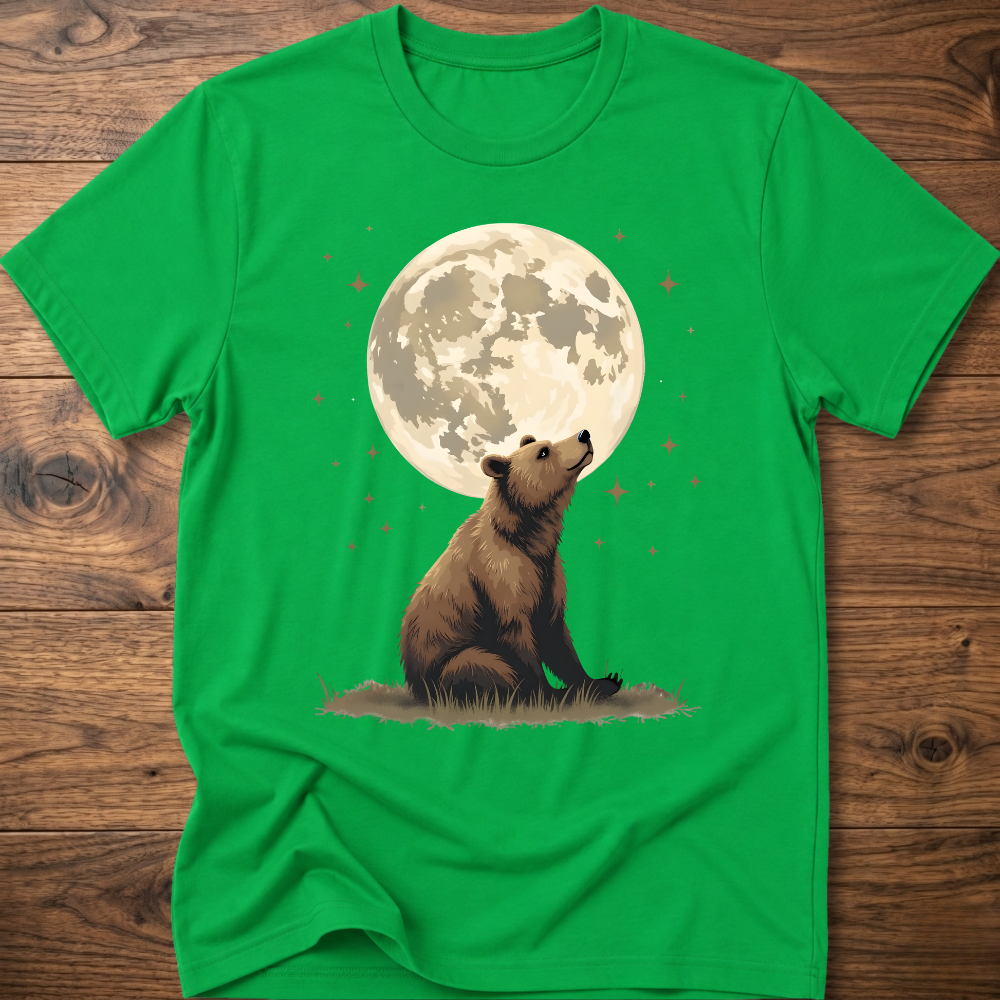 Irish green t-shirt with large moon and standing bear graphic on the front