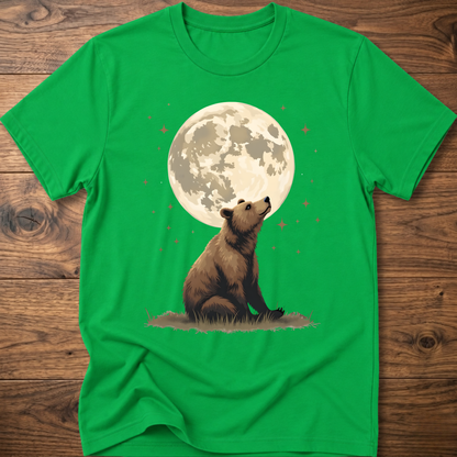 Irish green t-shirt with large moon and standing bear graphic on the front
