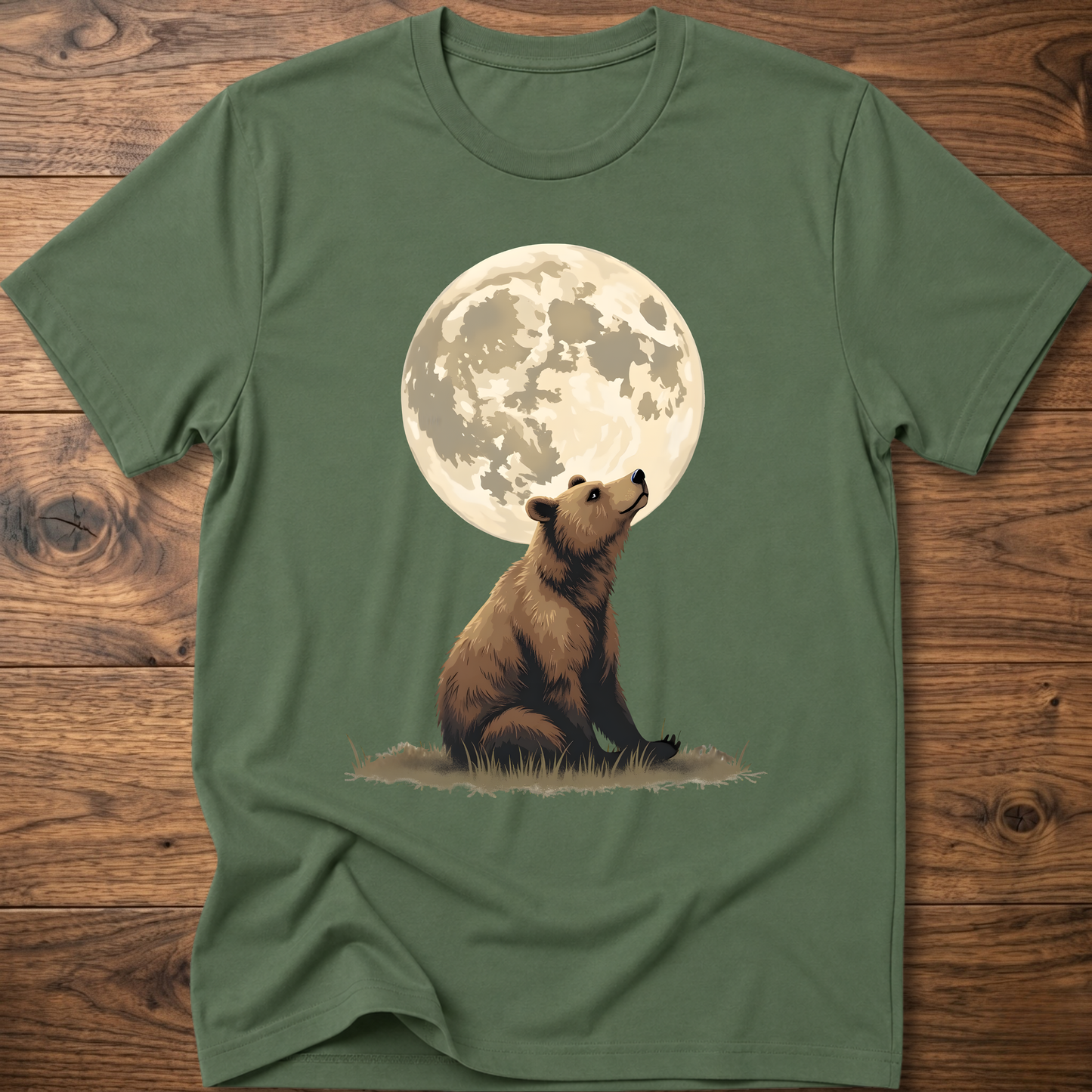 Military green t-shirt with large moon and standing bear graphic on the front