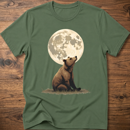 Military green t-shirt with large moon and standing bear graphic on the front