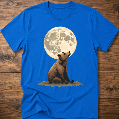 Royal blue t-shirt with large moon and standing bear graphic on the front