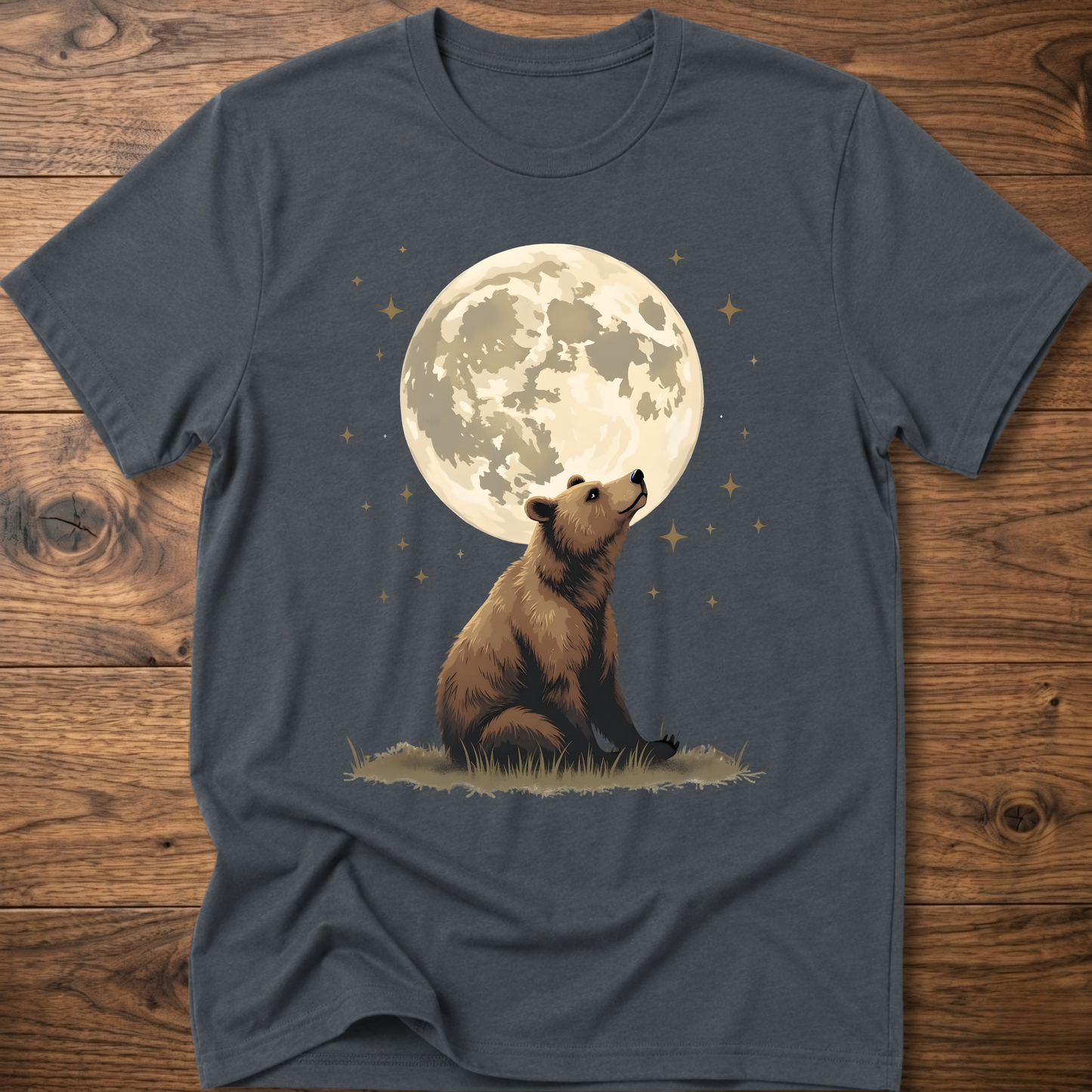 Dark heather t-shirt with large moon and standing bear graphic on the front