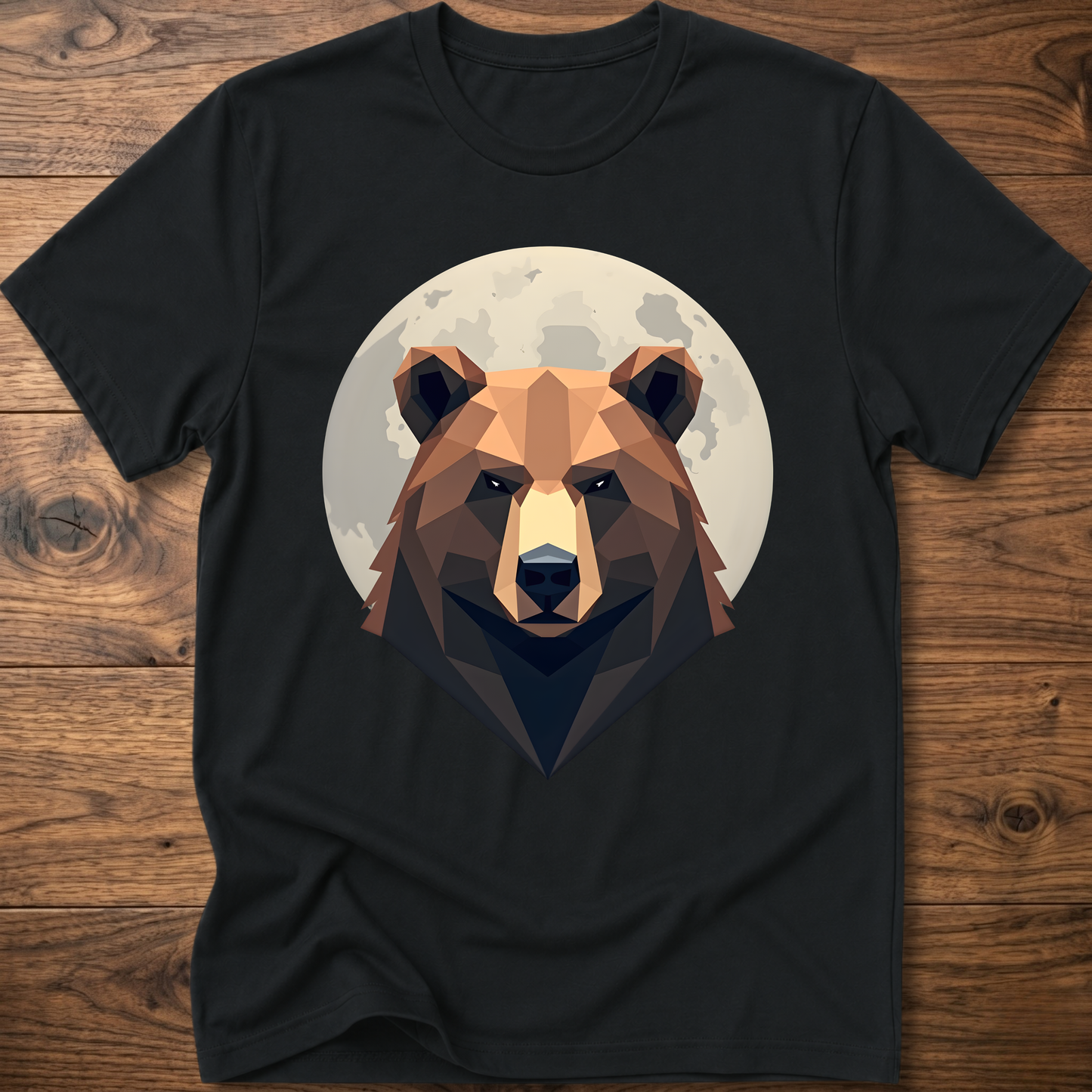 Black T-shirt with centered geometric bear face graphic inside a moon-like circle.