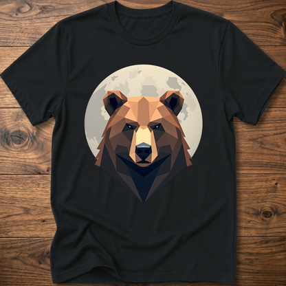 Black T-shirt with centered geometric bear face graphic inside a moon-like circle.