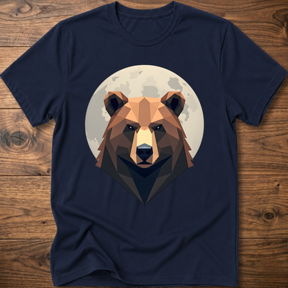 Navy T-shirt with centered geometric bear head graphic inside a moon-like circle.