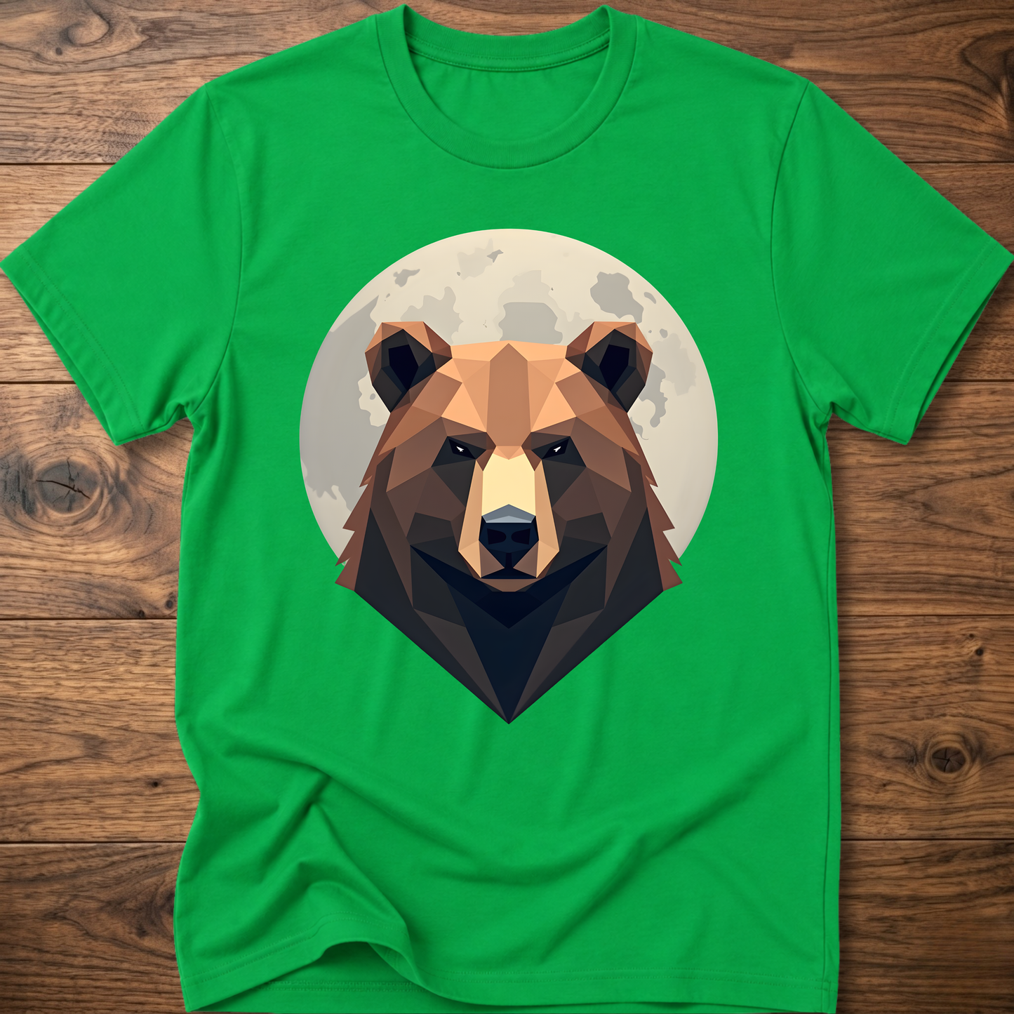 Green T-shirt with centered geometric bear face graphic inside a moon-like circle.