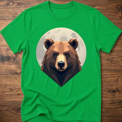 Green T-shirt with centered geometric bear face graphic inside a moon-like circle.
