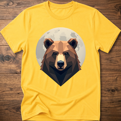 Yellow T-shirt with centered geometric bear head graphic inside a moon-like circle.