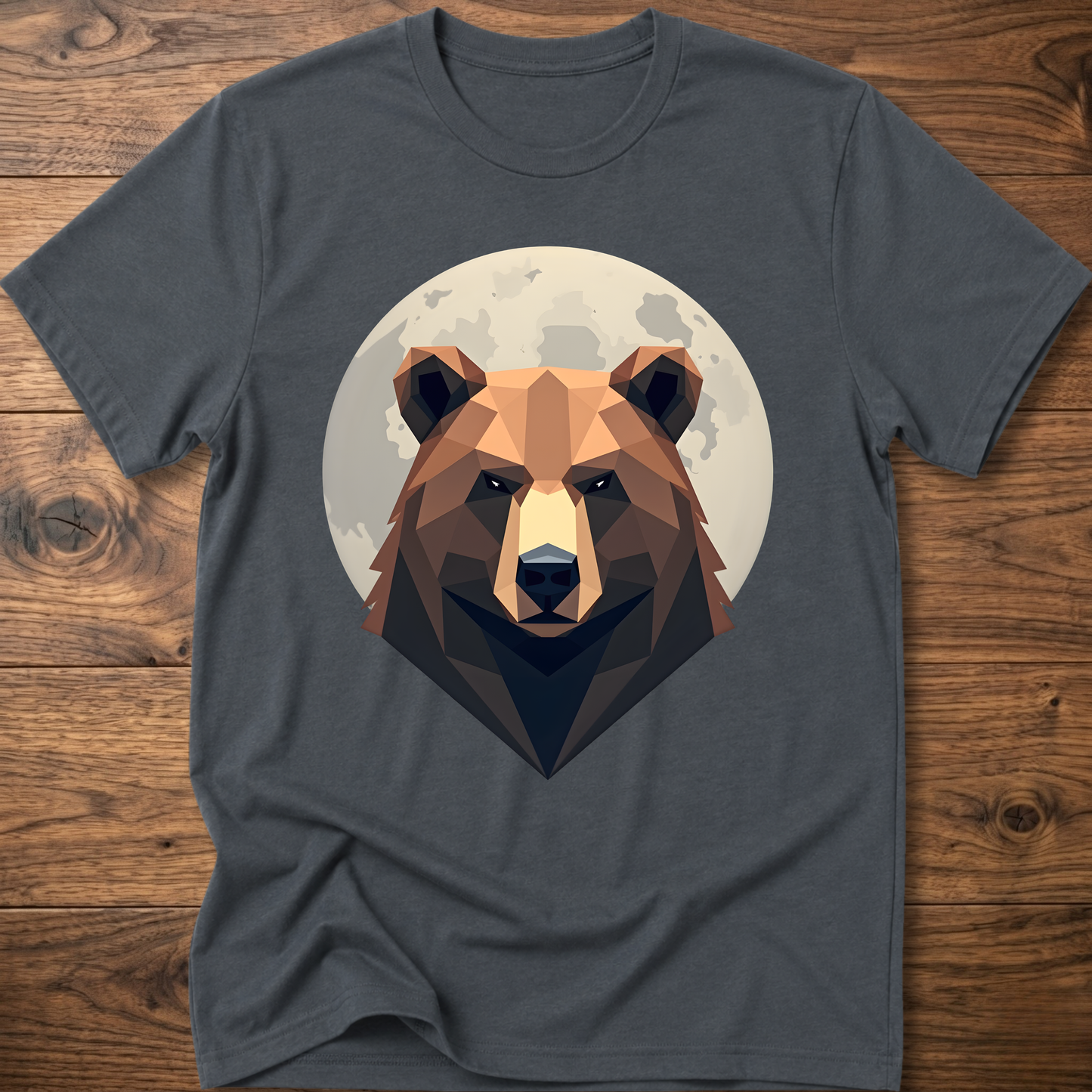 Dark heather gray T-shirt with geometric bear head graphic centered on chest.