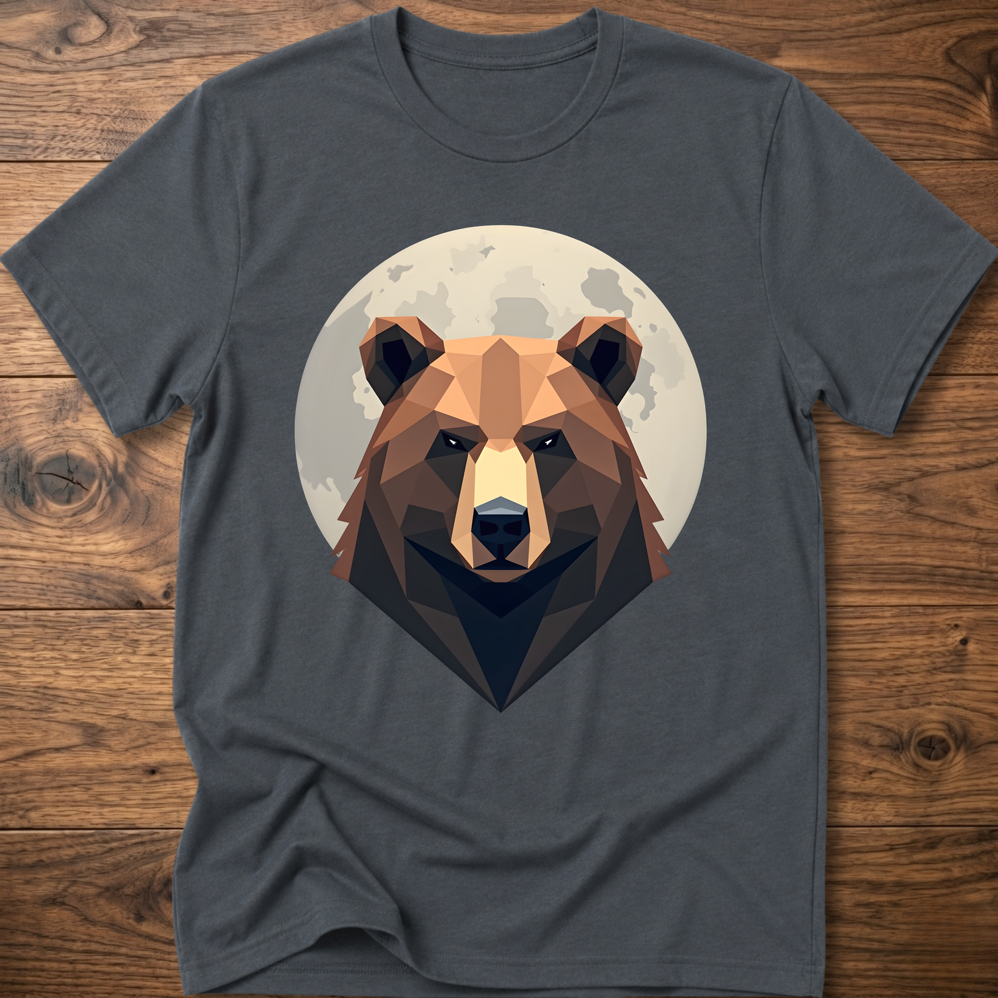 Dark heather gray T-shirt with geometric bear head graphic centered on chest.