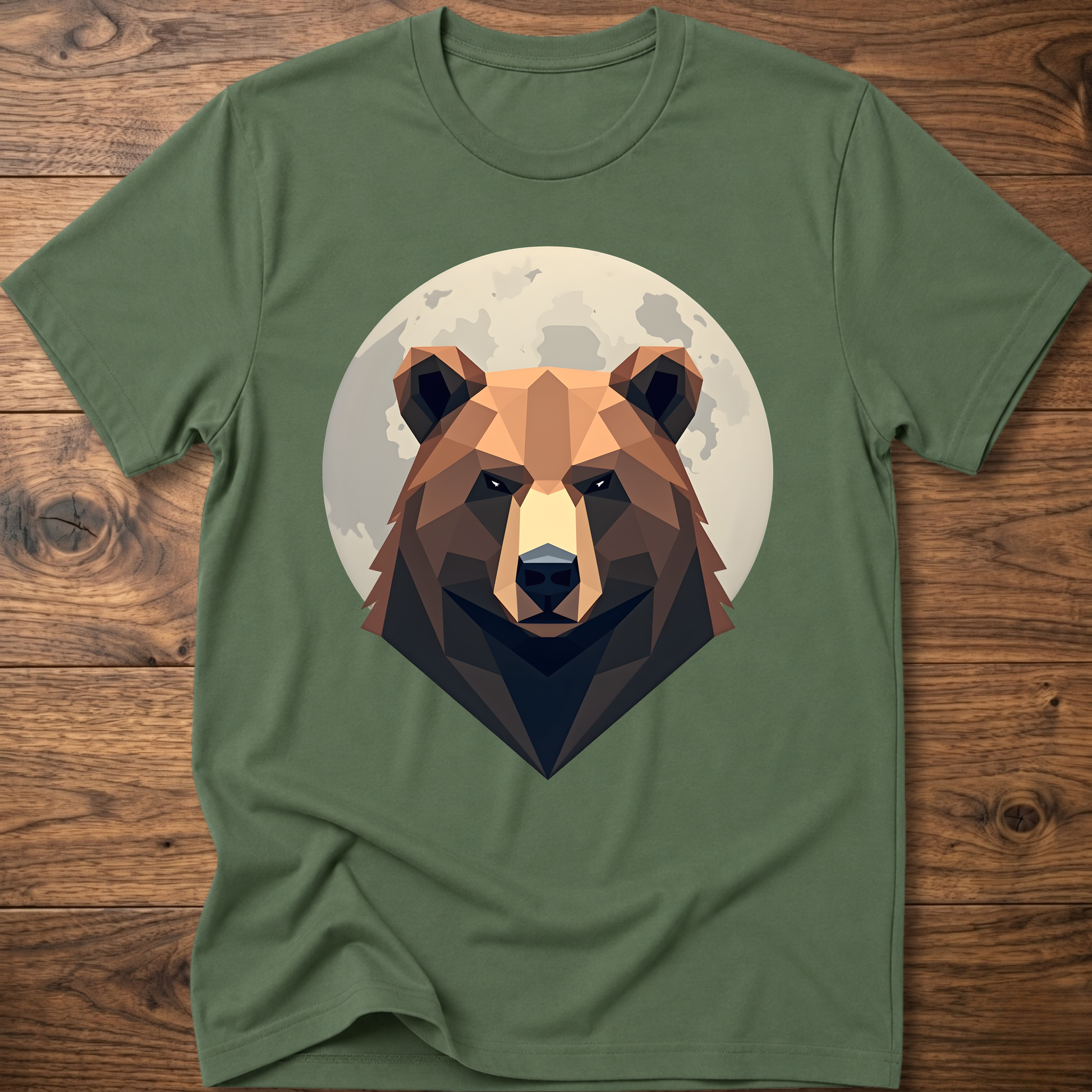 Olive green T-shirt with centered geometric bear head graphic inside a moon-like circle.