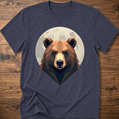 Charcoal heather T-shirt with centered geometric bear head graphic inside a moon-like circle.