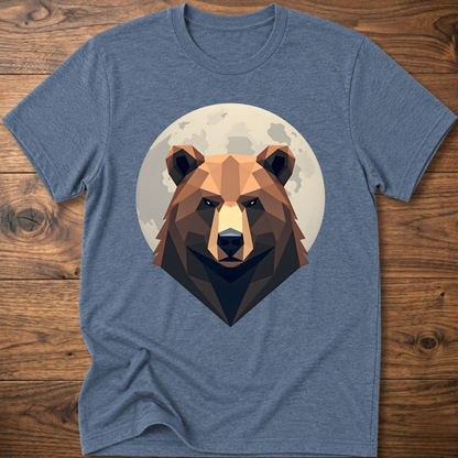 Heather blue T-shirt with centered geometric bear head graphic inside a moon-like circle.