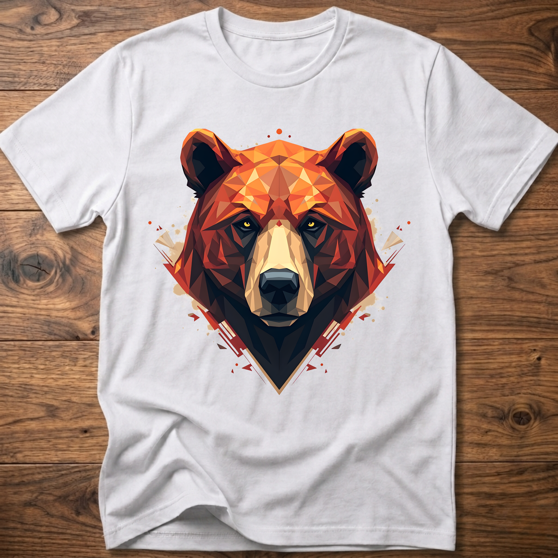 White short-sleeve crewneck t-shirt with geometric bear face graphic at center
