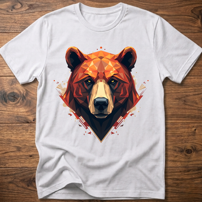 White short-sleeve crewneck t-shirt with geometric bear face graphic at center