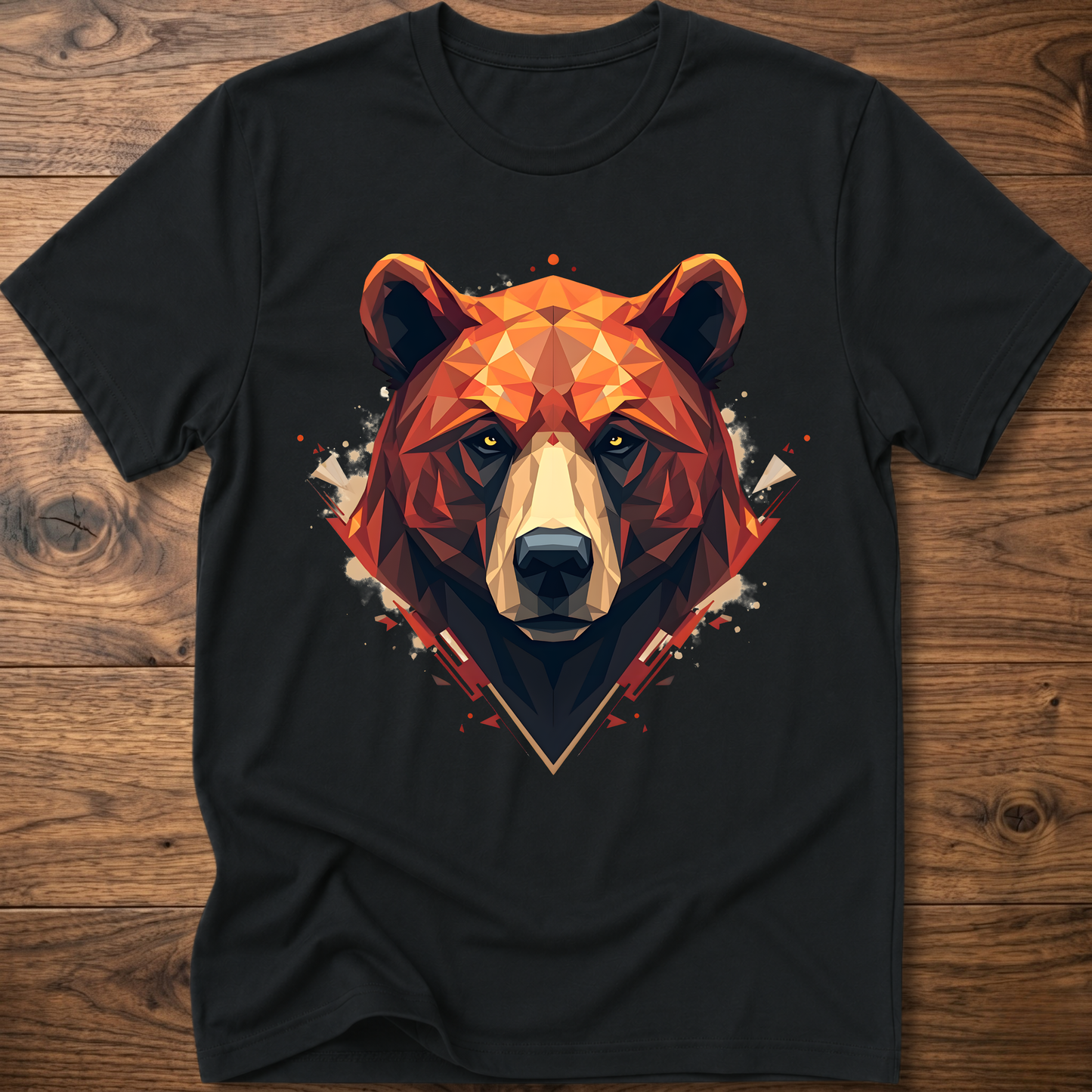 Black short-sleeve crewneck t-shirt with geometric bear face graphic at center