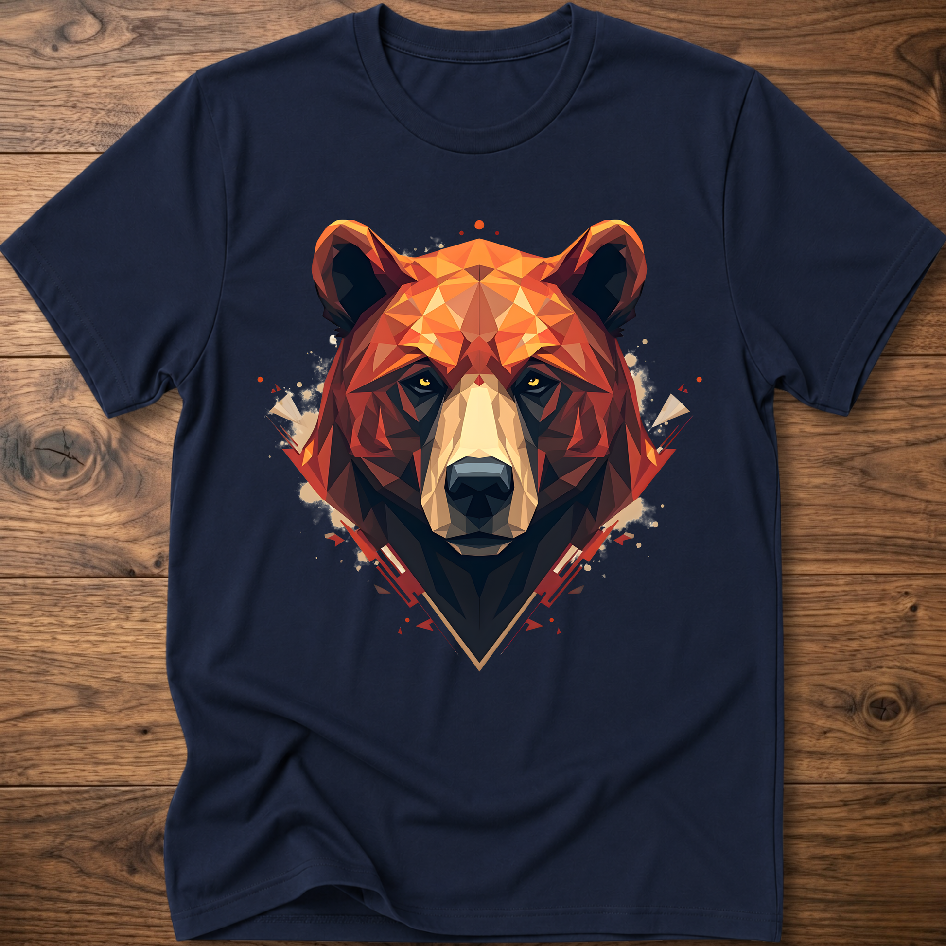 Navy short-sleeve crewneck t-shirt with geometric bear face graphic at center