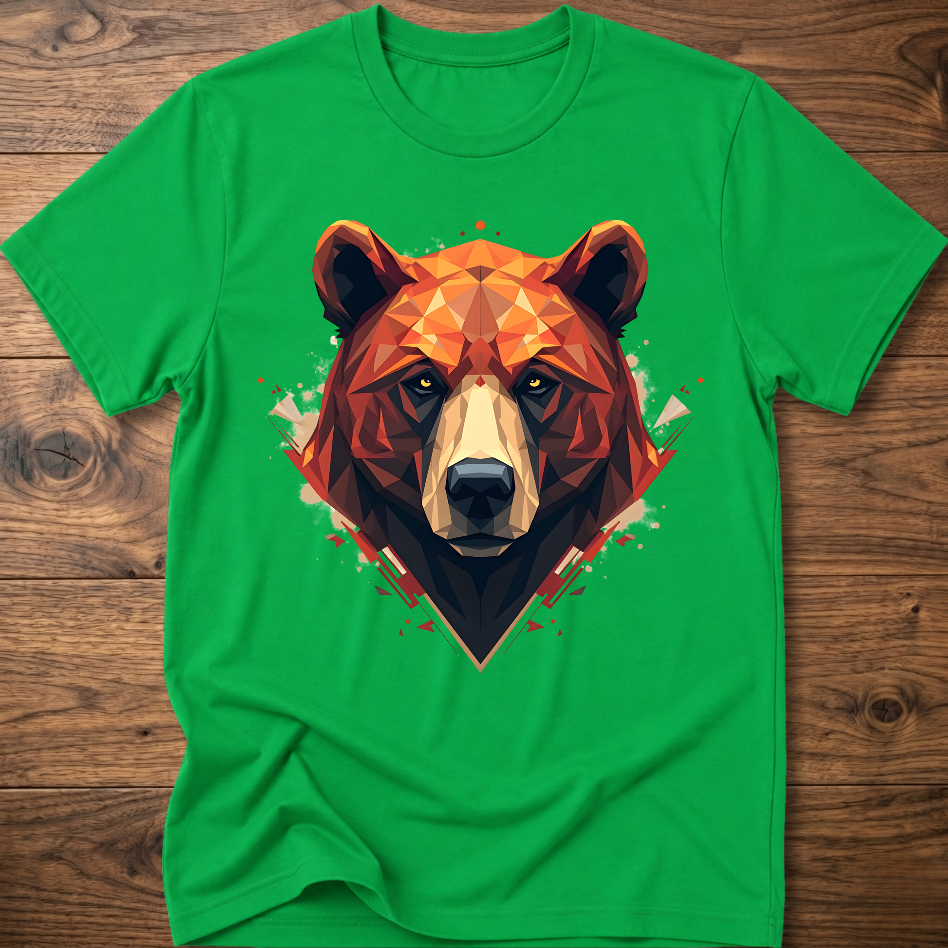 Irish green short-sleeve crewneck t-shirt with geometric bear face graphic at center