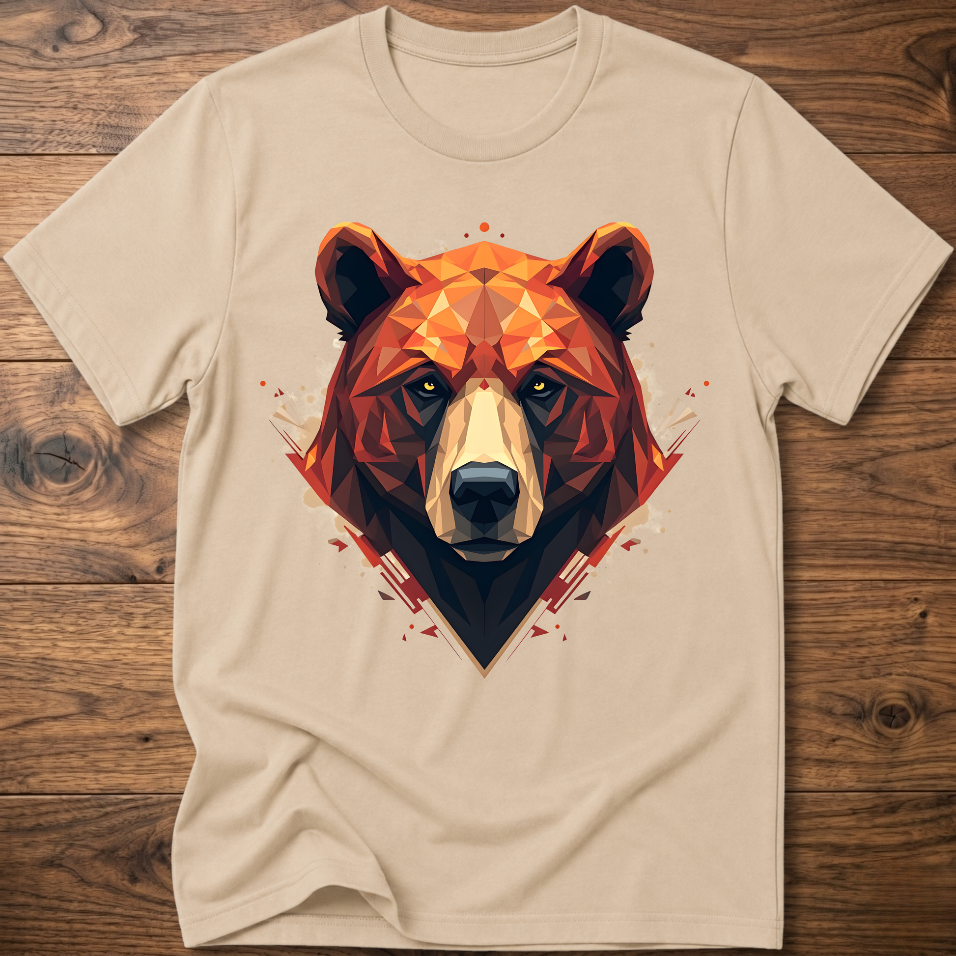 Sand short-sleeve crewneck t-shirt with geometric bear face graphic at center