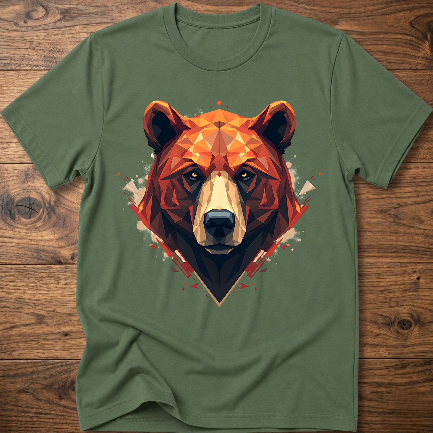 Military green short-sleeve crewneck t-shirt with geometric bear face graphic at center