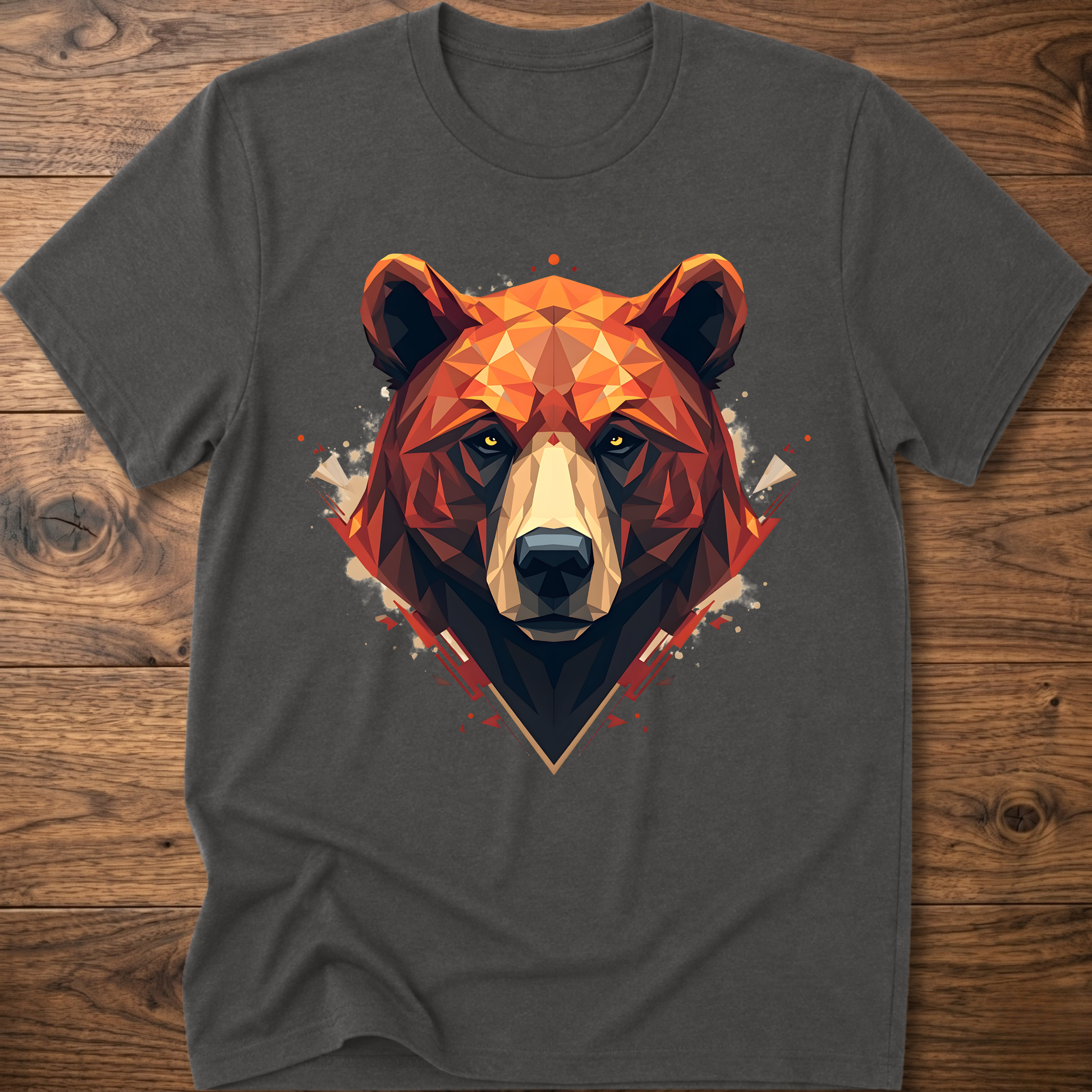 Dark heather short-sleeve crewneck t-shirt with geometric bear face graphic at center