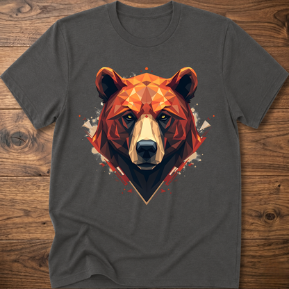 Dark heather short-sleeve crewneck t-shirt with geometric bear face graphic at center