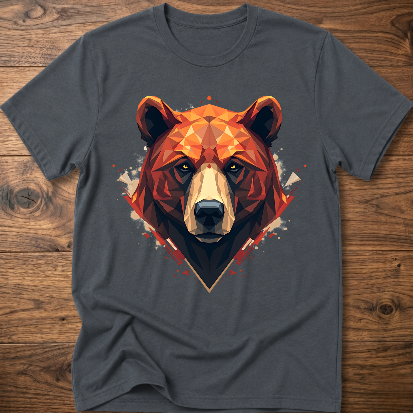 Charcoal short-sleeve crewneck t-shirt with geometric bear face graphic at center