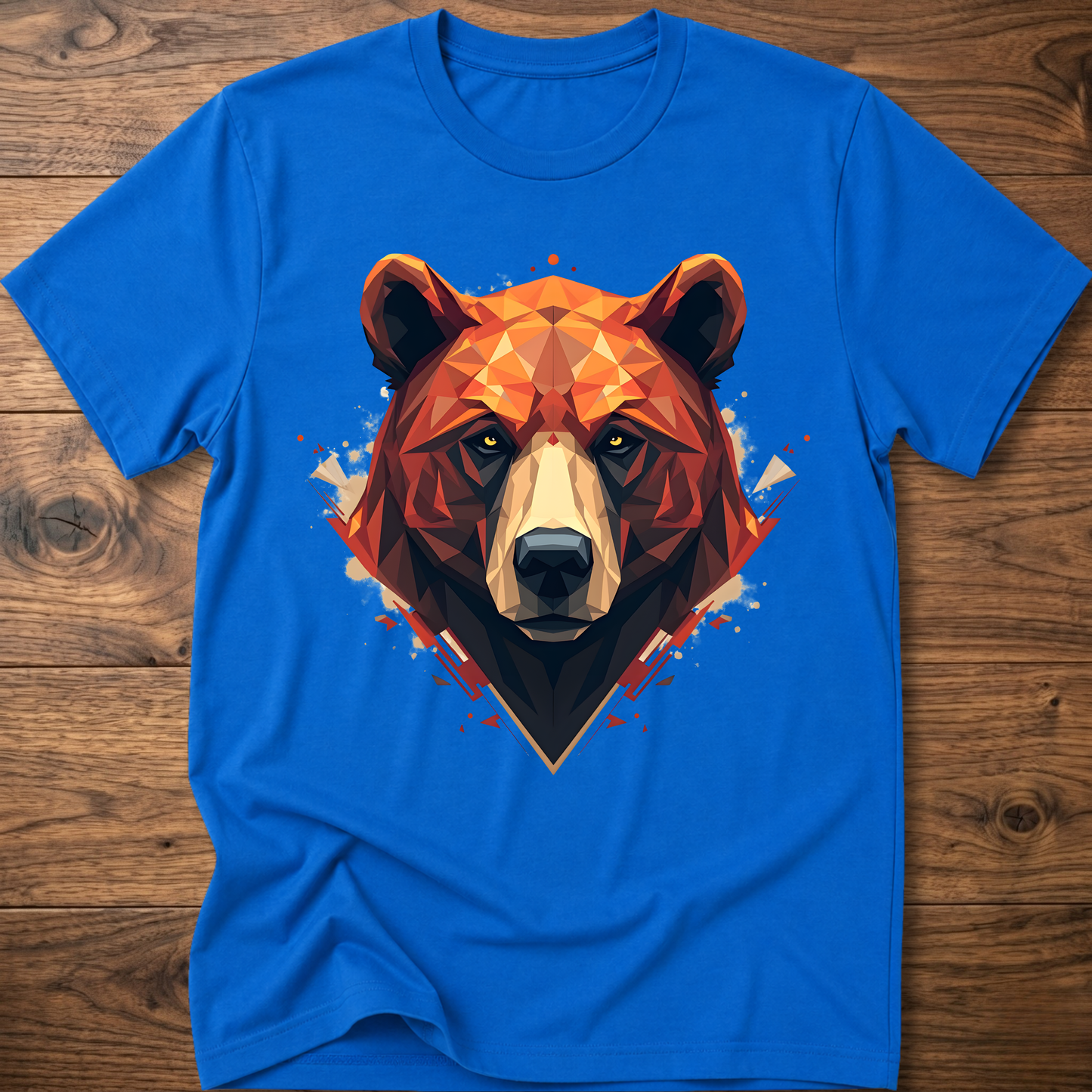 Royal blue short-sleeve crewneck t-shirt with geometric bear face graphic at center