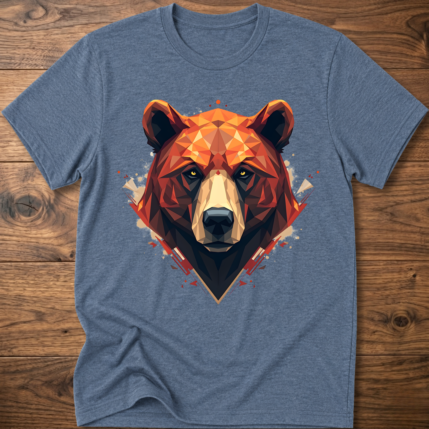 Light blue short-sleeve crewneck t-shirt with geometric bear face graphic at center