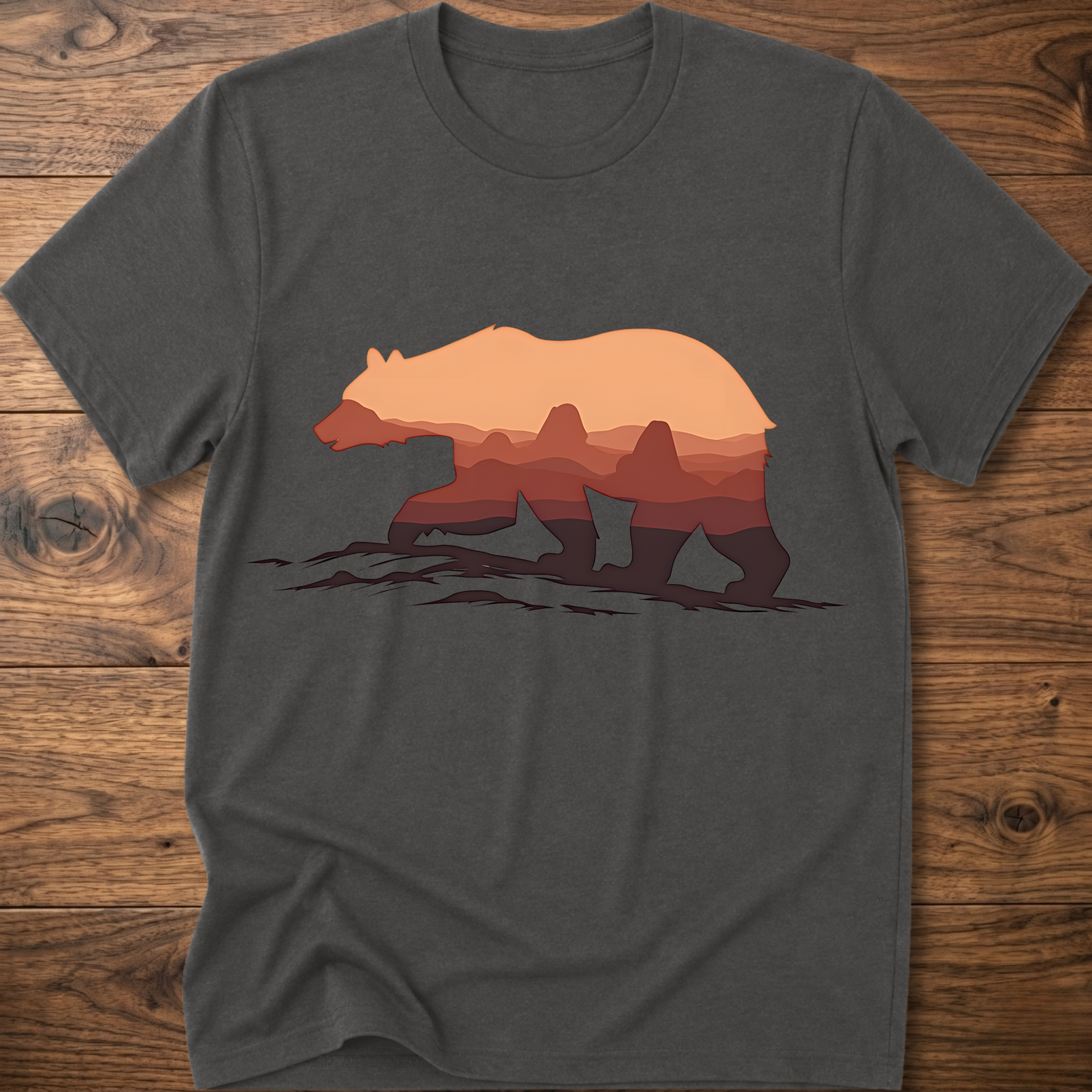 Dark gray crew-neck t-shirt with martian bear graphic across the chest.
