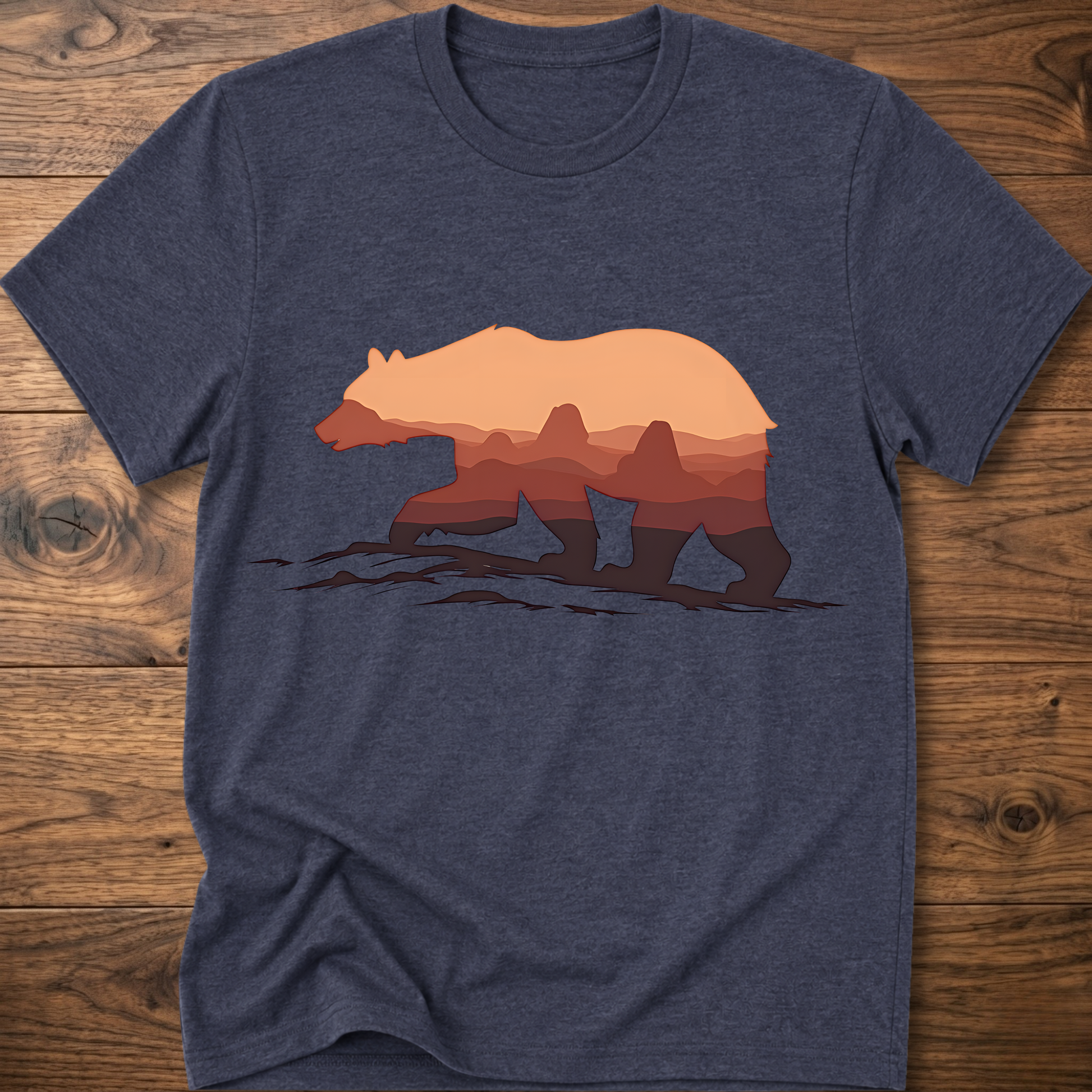 Heather navy crew-neck t-shirt with martian bear graphic across the chest.