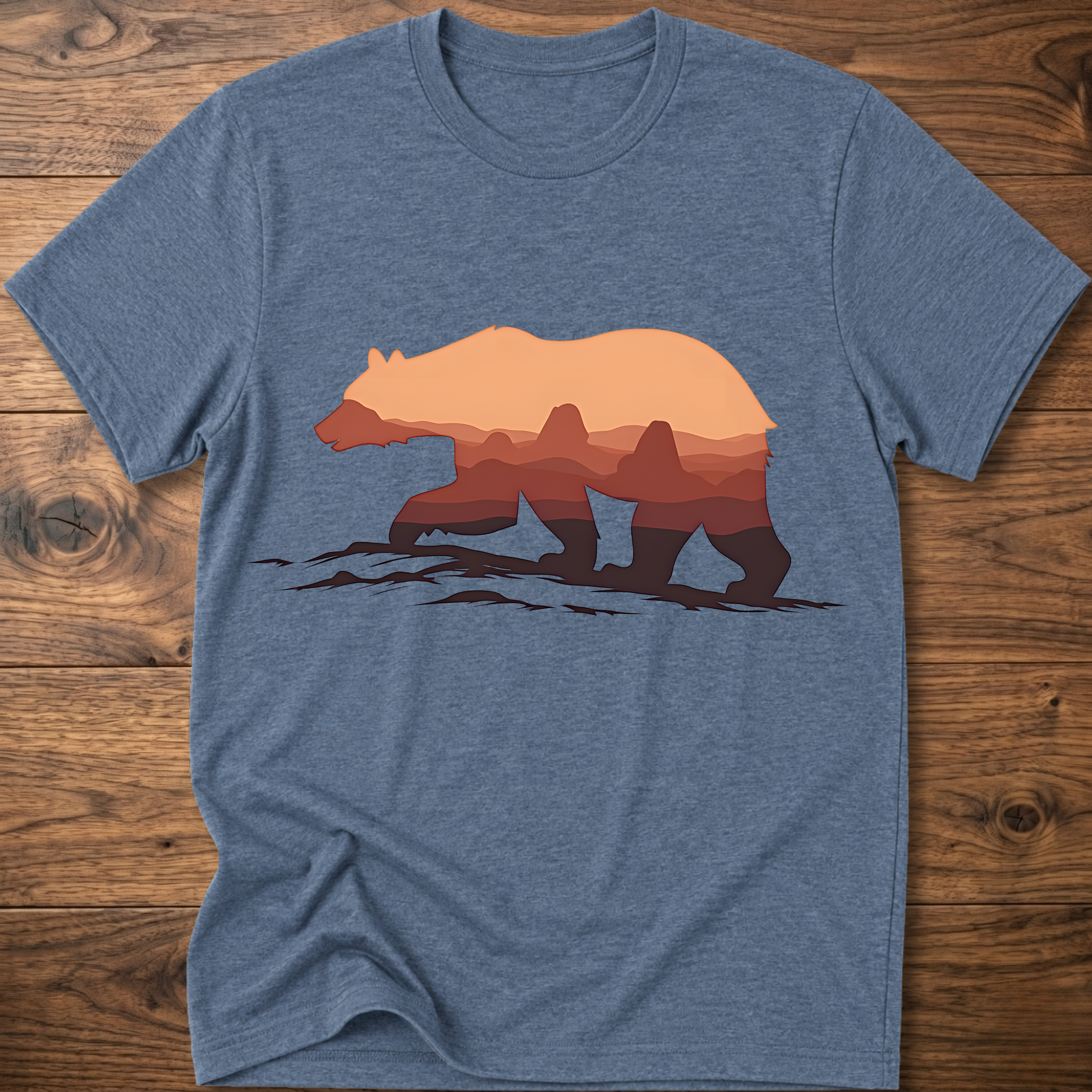 Heather blue crew-neck t-shirt with martian bear graphic across the chest.