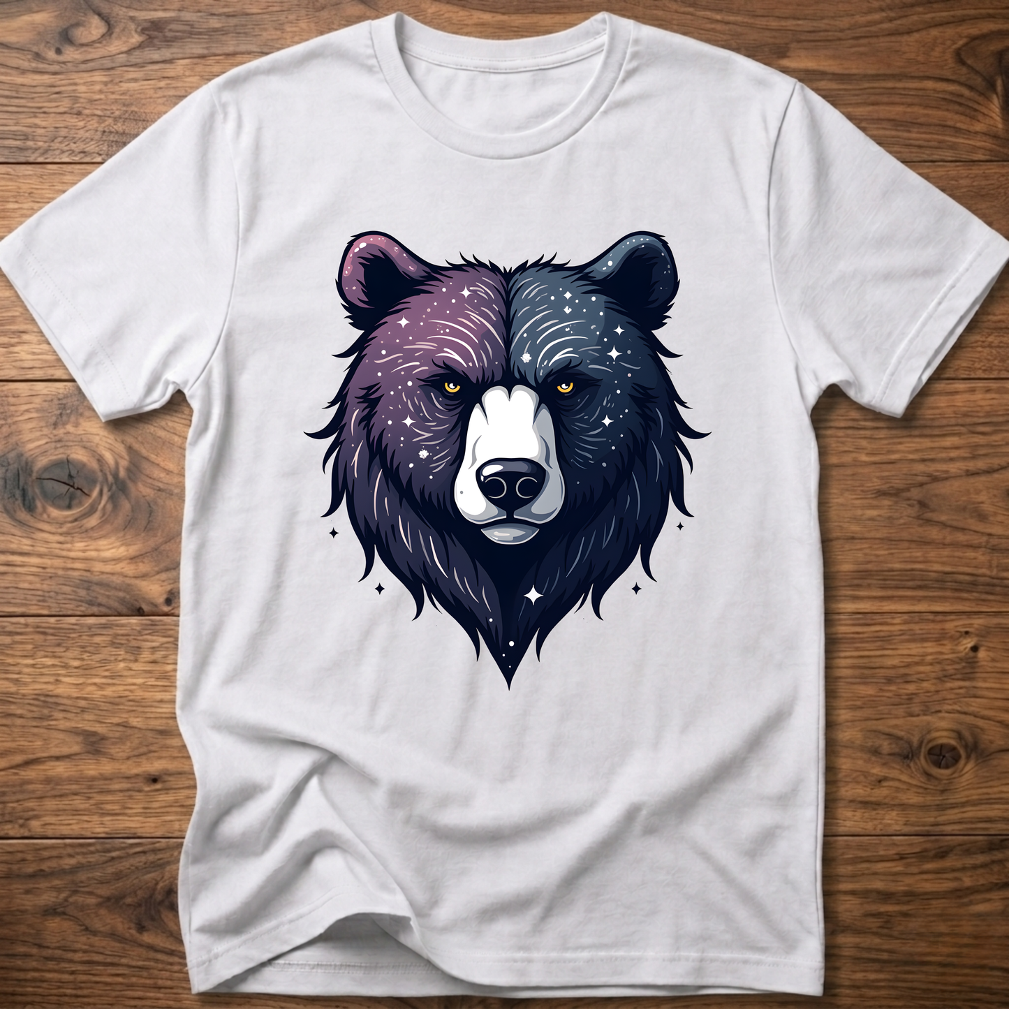 White T-shirt with galaxy bear face graphic, crew neck short sleeves