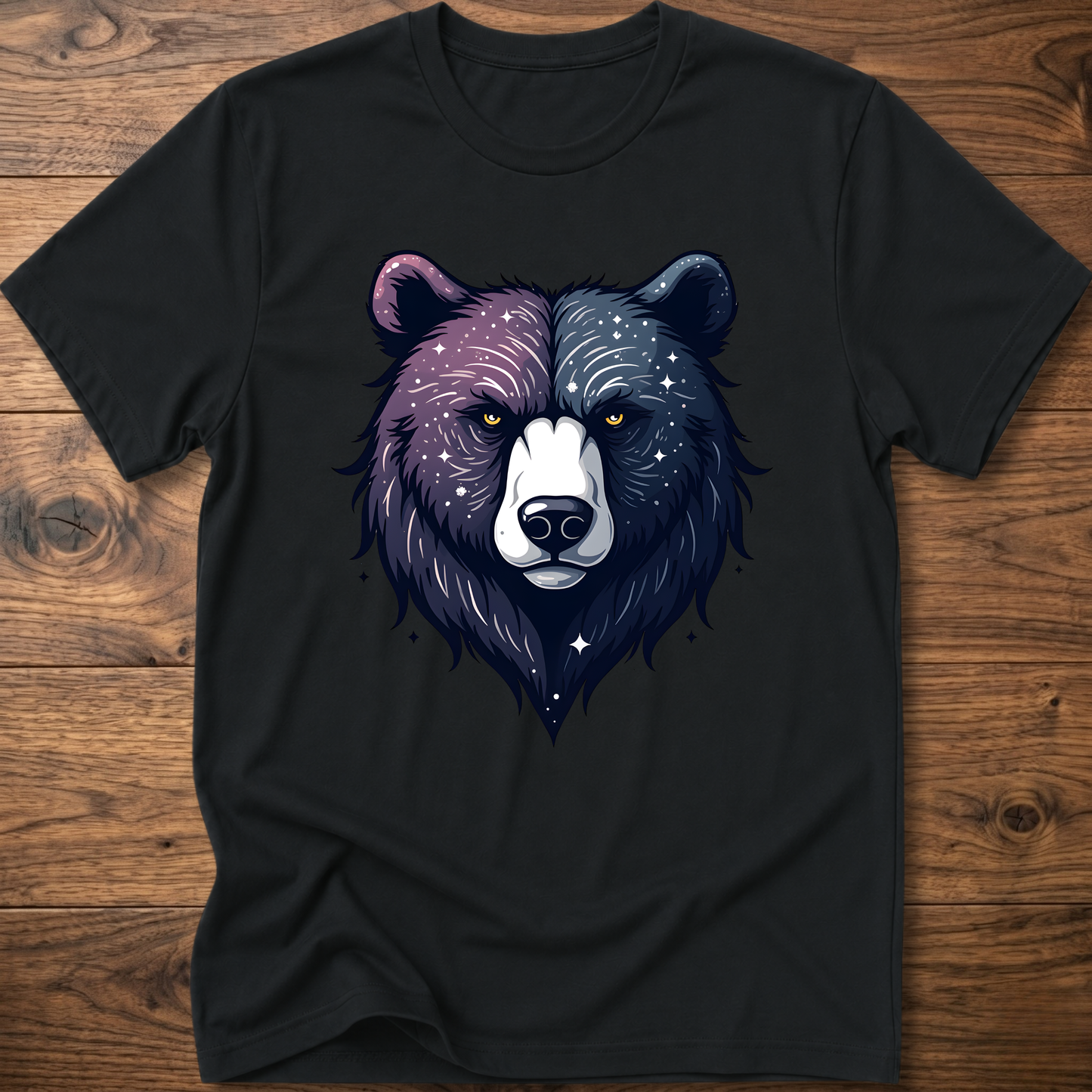 Black T-shirt with galaxy bear face graphic, crew neck short sleeves
