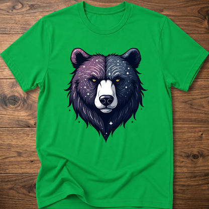 Bright green T-shirt with galaxy bear face graphic, crew neck short sleeves