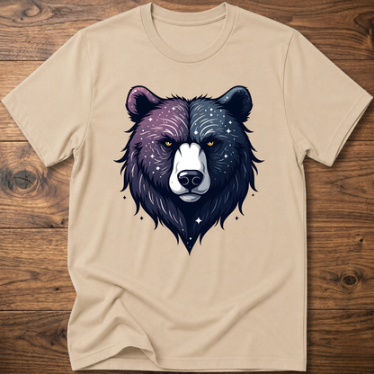 Sand beige T-shirt with galaxy bear face graphic, crew neck short sleeves