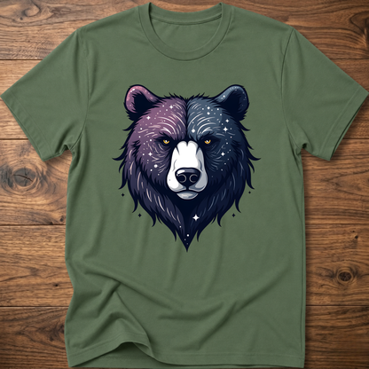 Green T-shirt with galaxy bear face graphic, crew neck short sleeves