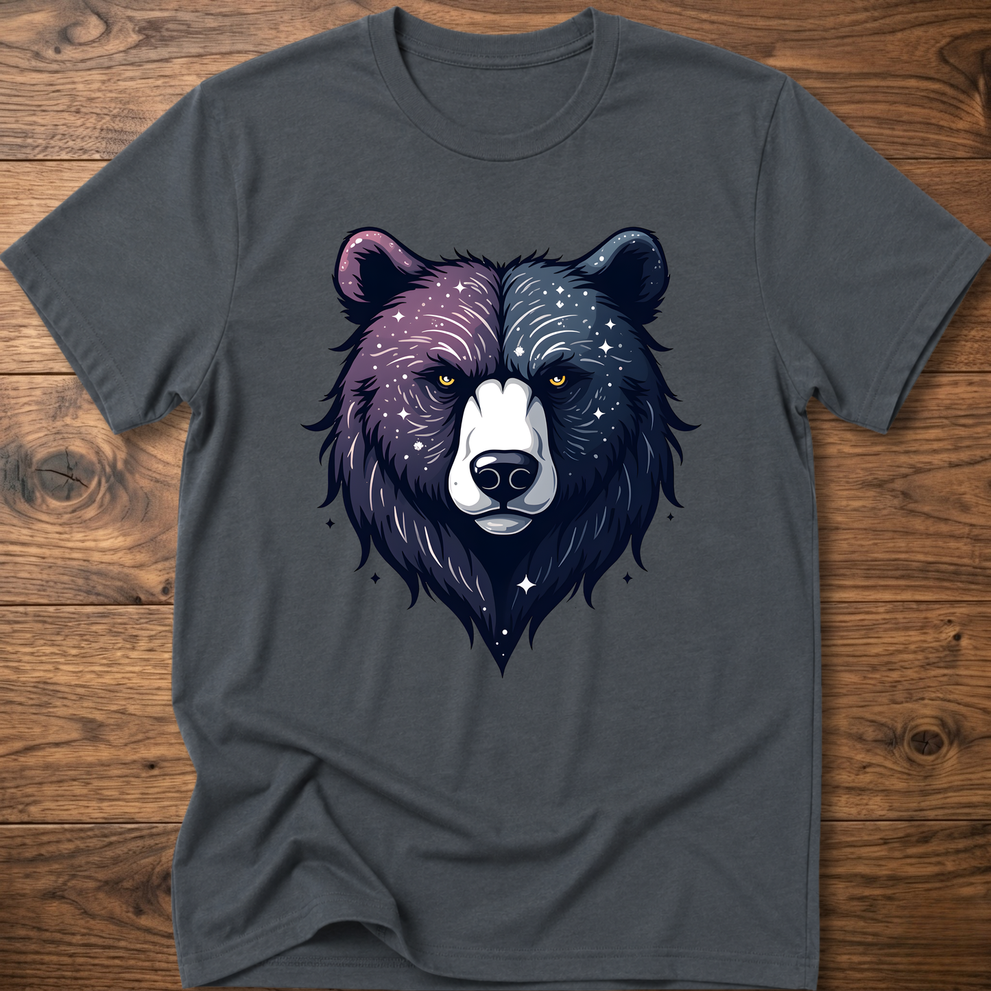 Dark gray t-shirt with galaxy bear graphic