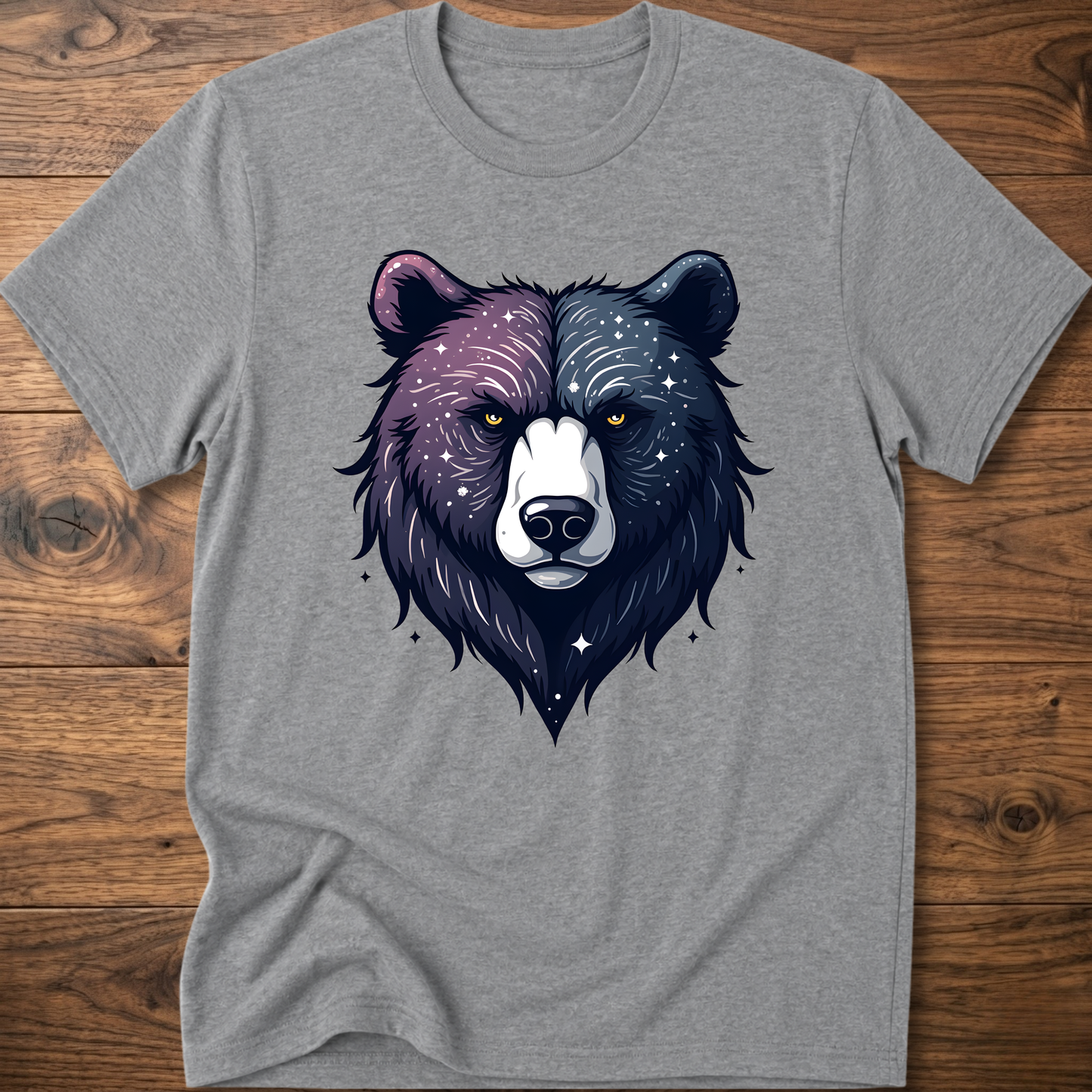 Gray T-shirt with galaxy bear face graphic, crew neck short sleeves