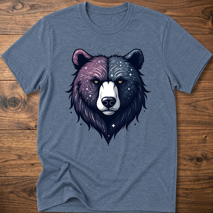 Heather indigo T-shirt with galaxy bear face graphic, crew neck short sleeves