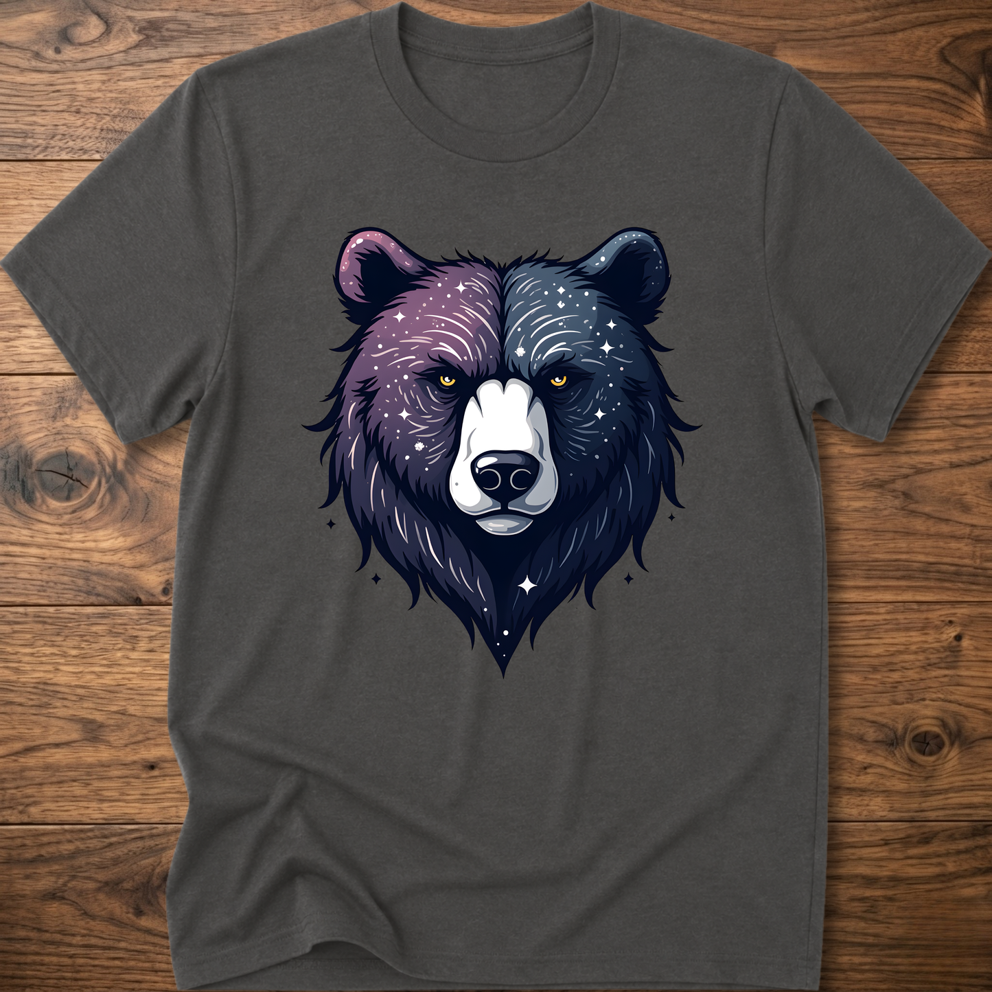 Dark gray T-shirt with galaxy bear face graphic, crew neck short sleeves