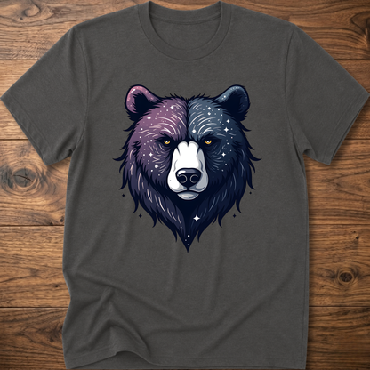 Dark gray T-shirt with galaxy bear face graphic, crew neck short sleeves