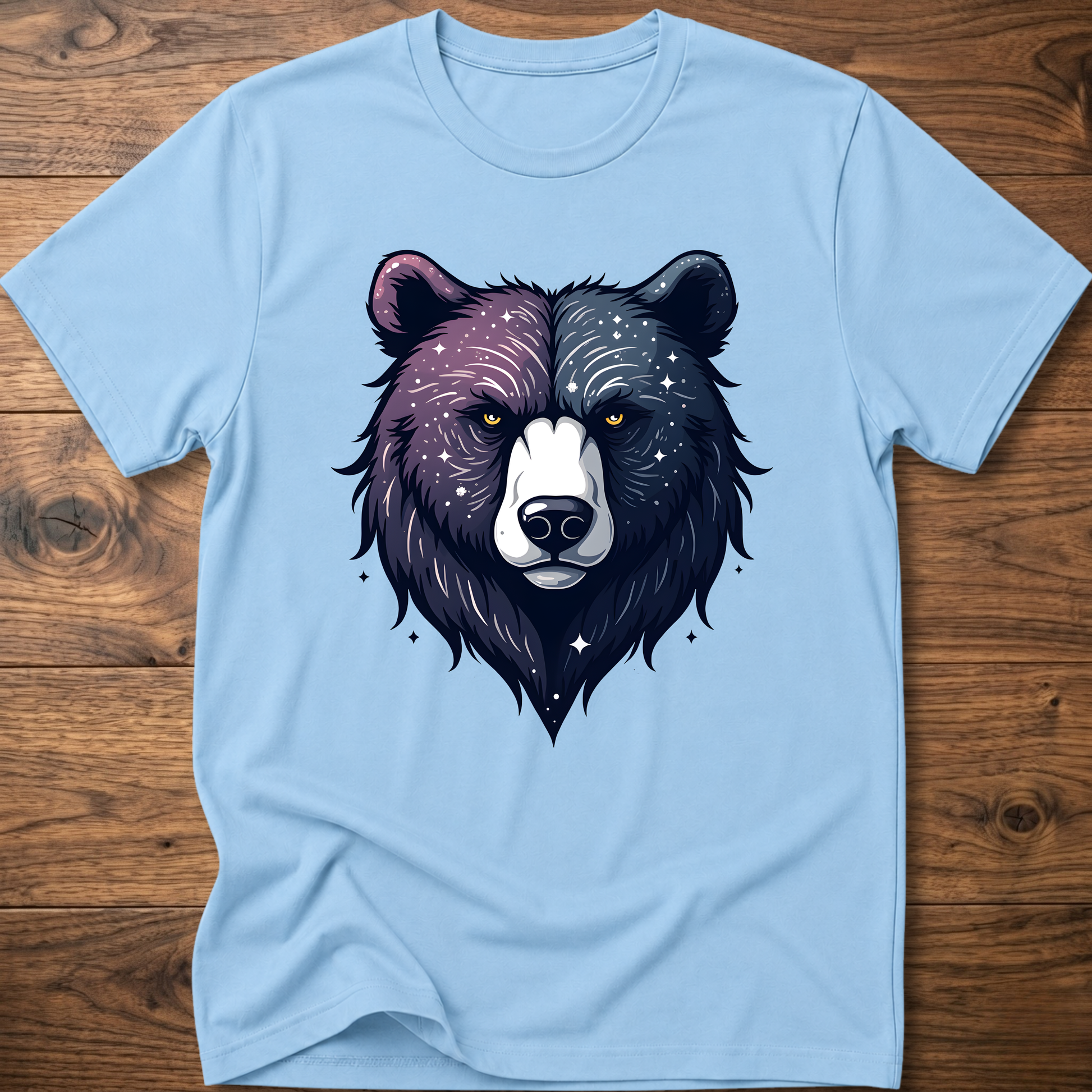 Light blue T-shirt with galaxy bear face graphic, crew neck short sleeves