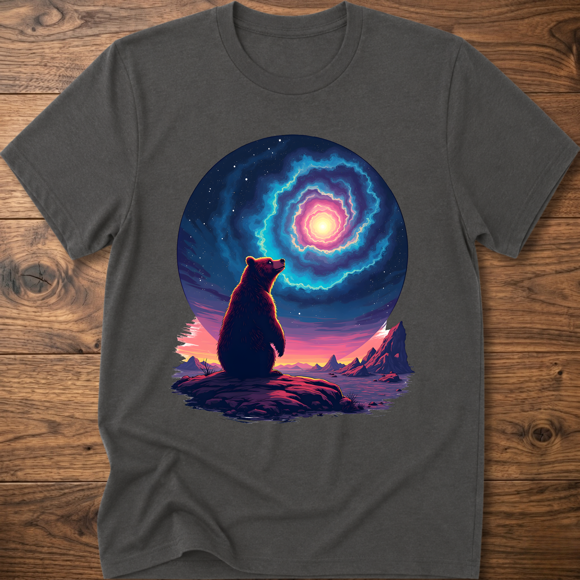 Charcoal T-shirt with galaxy bear graphic, glowing portal center, and colorful outer rings