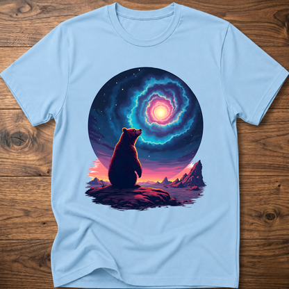 Light blue T-shirt with galaxy bear graphic and glowing portal halo above night scenery