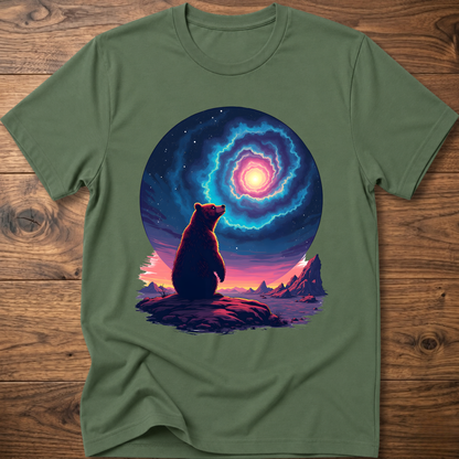 Military green T-shirt with galaxy bear artwork and bright glowing portal ring