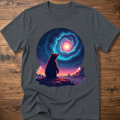 Dark gray T-shirt with seated bear silhouette and colorful glowing galaxy portal graphic