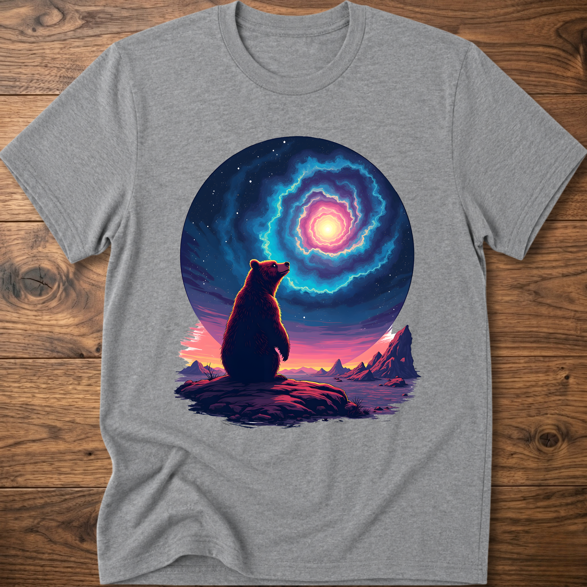 Sport gray T-shirt with seated bear silhouette and colorful glowing galaxy portal graphic