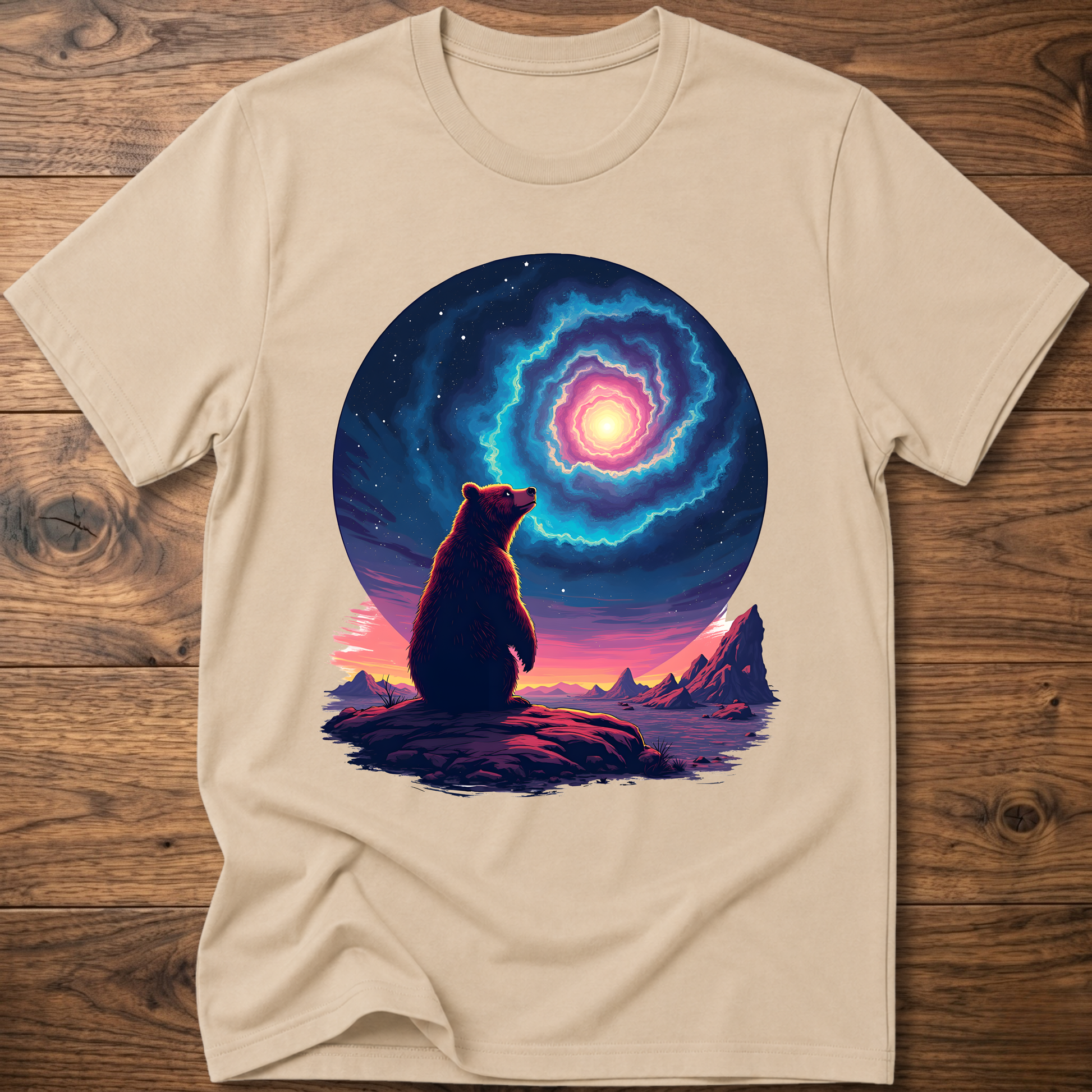 Sand T-shirt with galaxy bear graphic featuring a glowing portal over a nighttime scene