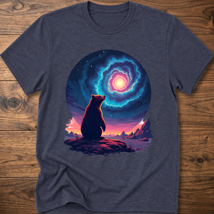 Dark heather T-shirt with galaxy bear silhouette and glowing portal ring graphic